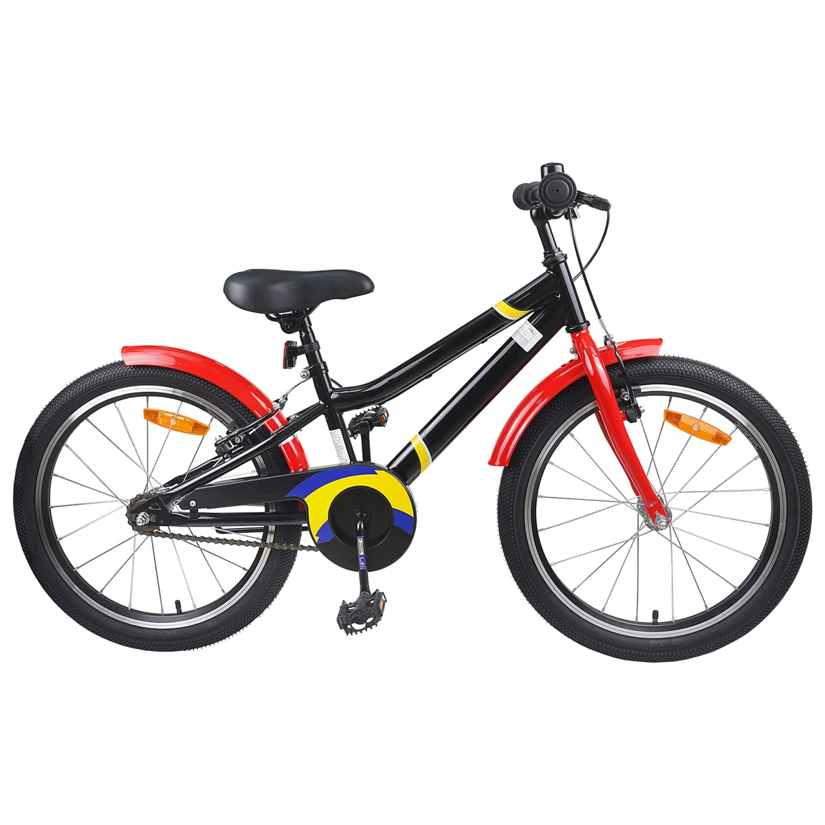 Ein schwarzes Kinderfahrrad mit roten Schutzblechen und blau/gelbem Kettenschutz.