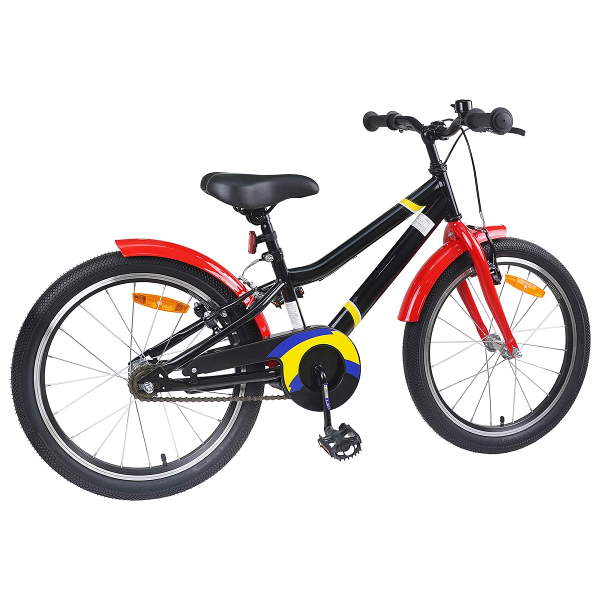 Ein schwarzes Kinderfahrrad mit roten Schutzblechen und einem blau-gelben Kettenblatt.