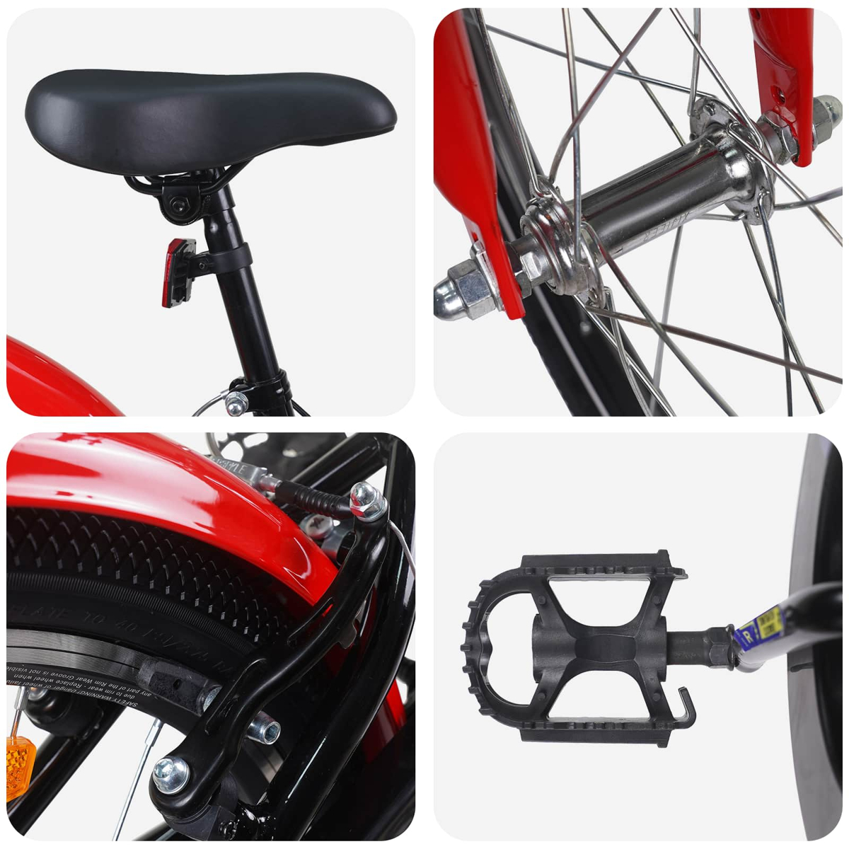 Nahaufnahme eines roten Fahrrads mit schwarzem Sitz, Radnabe, Pedal und Reifen.