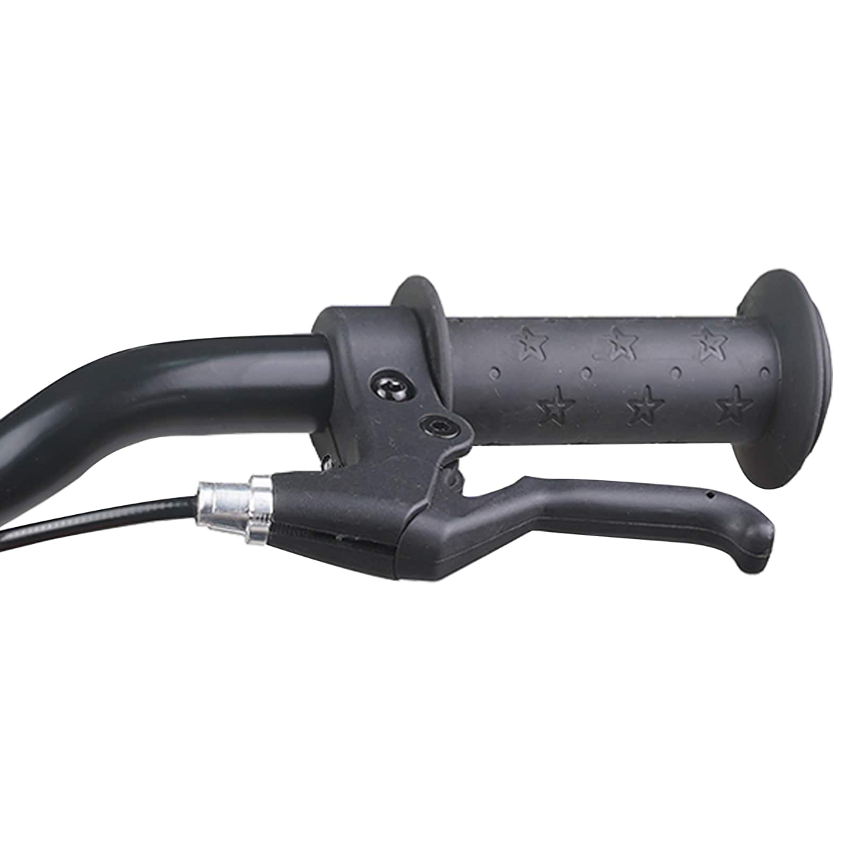 Schwarzer Fahrradlenker mit Sternengriff und Bremse.
