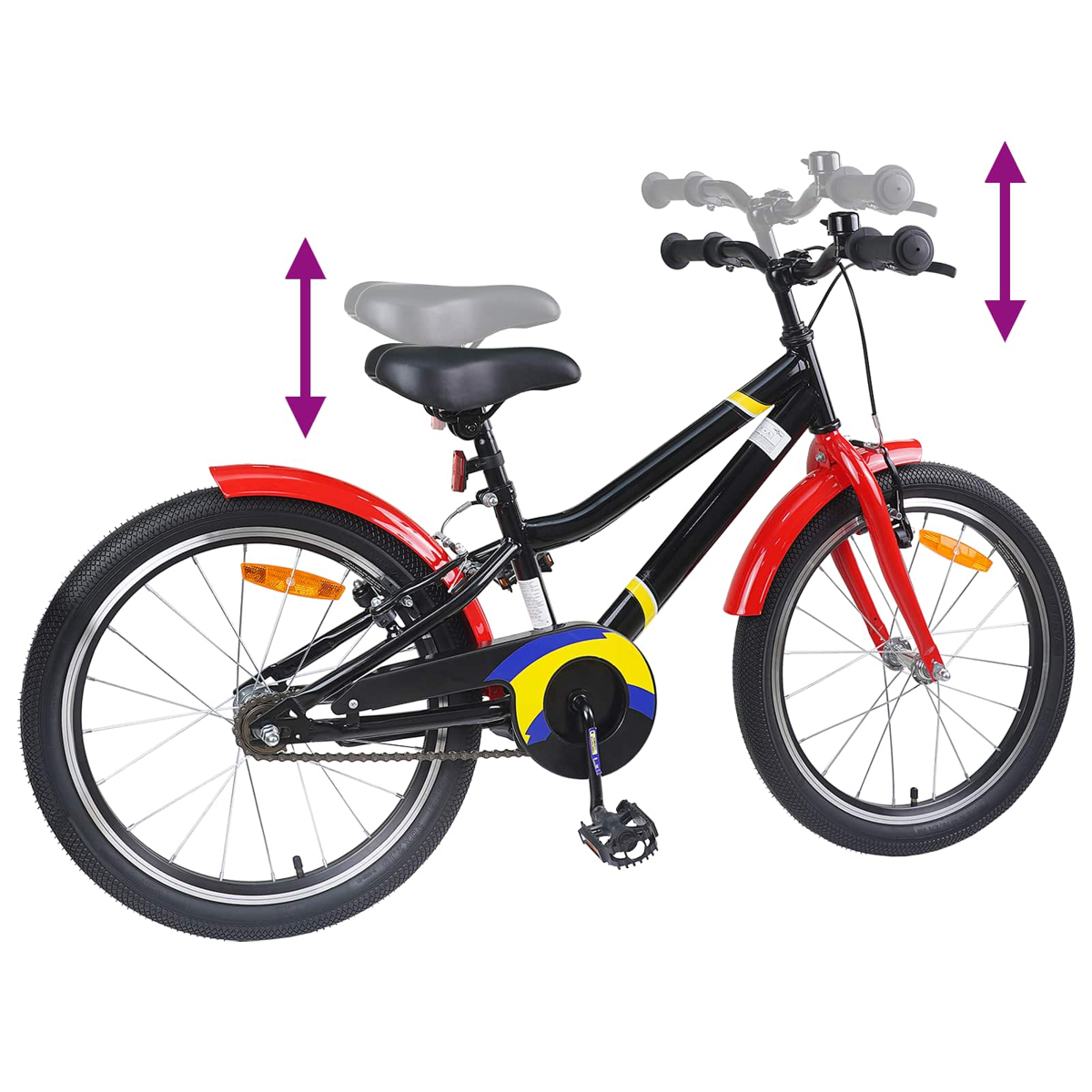 Schwarzes Fahrrad mit roten Schutzblechen und gelb/blauem Kettenschutz. Sattel und Lenker verstellbar.