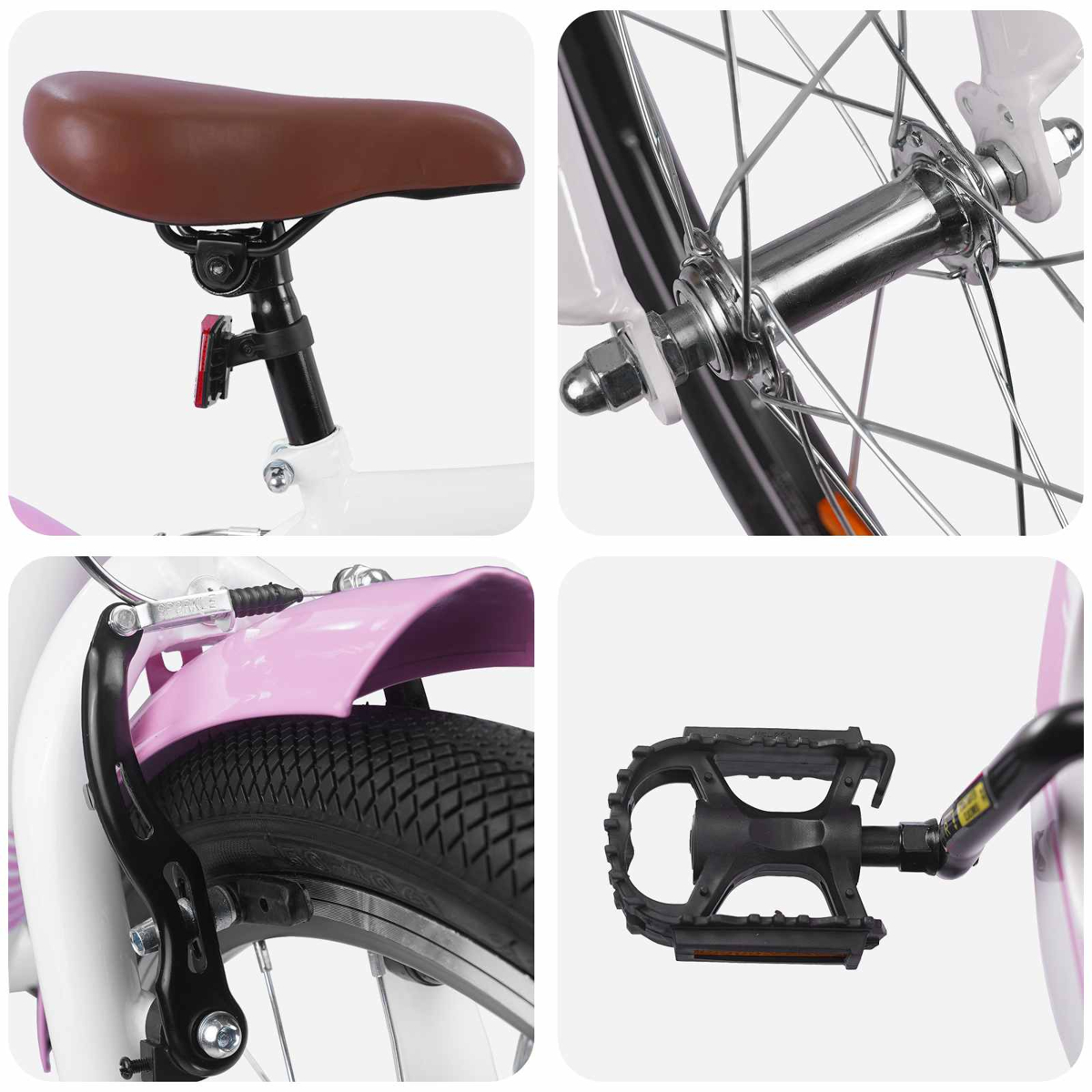 Nahaufnahmen eines weißen Fahrrads: brauner Sattel, Radnabe, pinker Schutzblech und schwarzes Pedal.