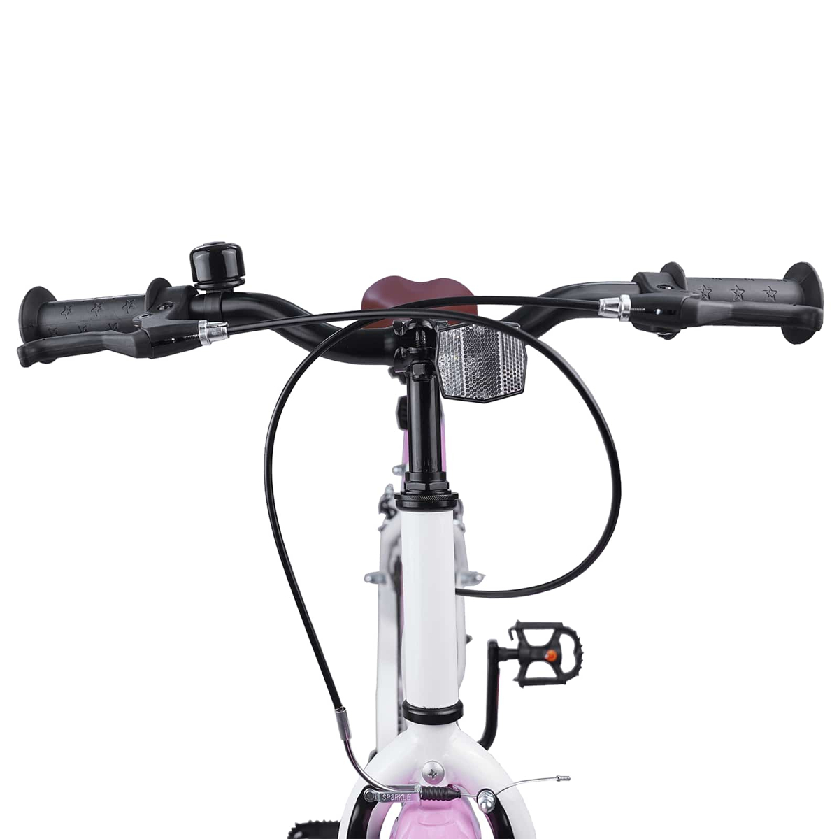 Lenker eines weißen Fahrrads mit pinken Akzenten, Klingel, Reflektor und Bremsen.