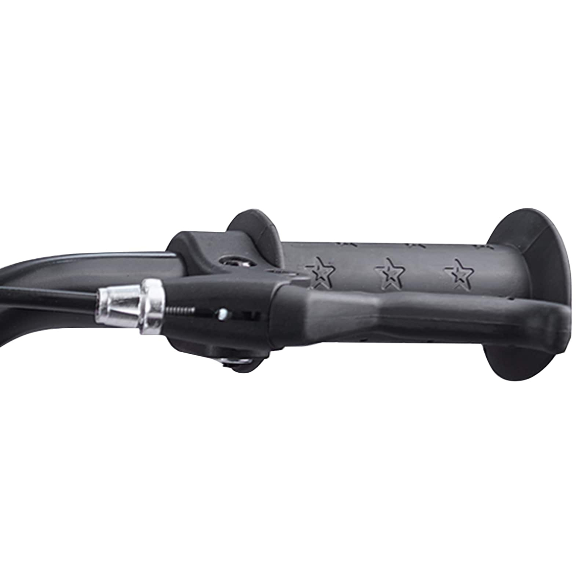Schwarzer Fahrradgriff mit Sternenmuster und Bremshebel.