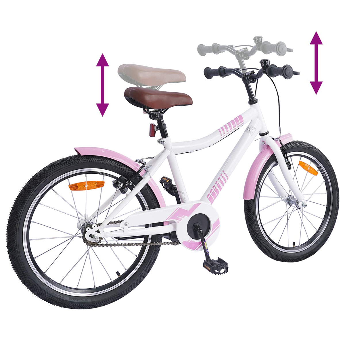Ein weißes Kinderfahrrad mit rosa Akzenten, verstellbarer Sitzhöhe und Lenker.