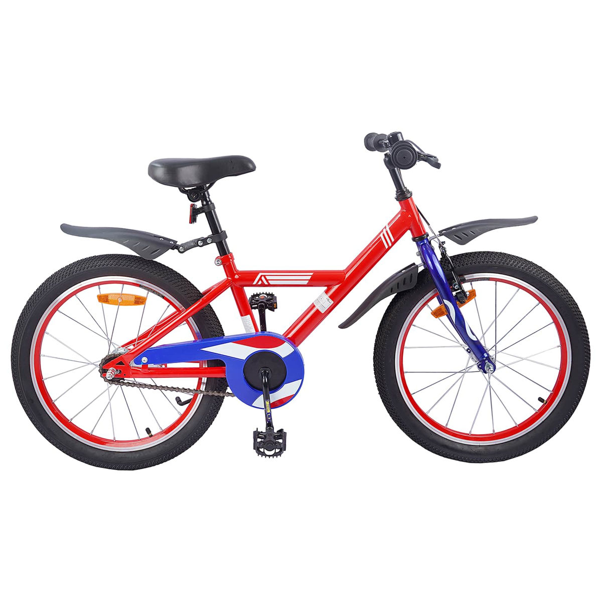 Rotes Fahrrad mit blauen Akzenten, weißen Streifen und schwarzem Sitz. Isoliert auf Weiß.