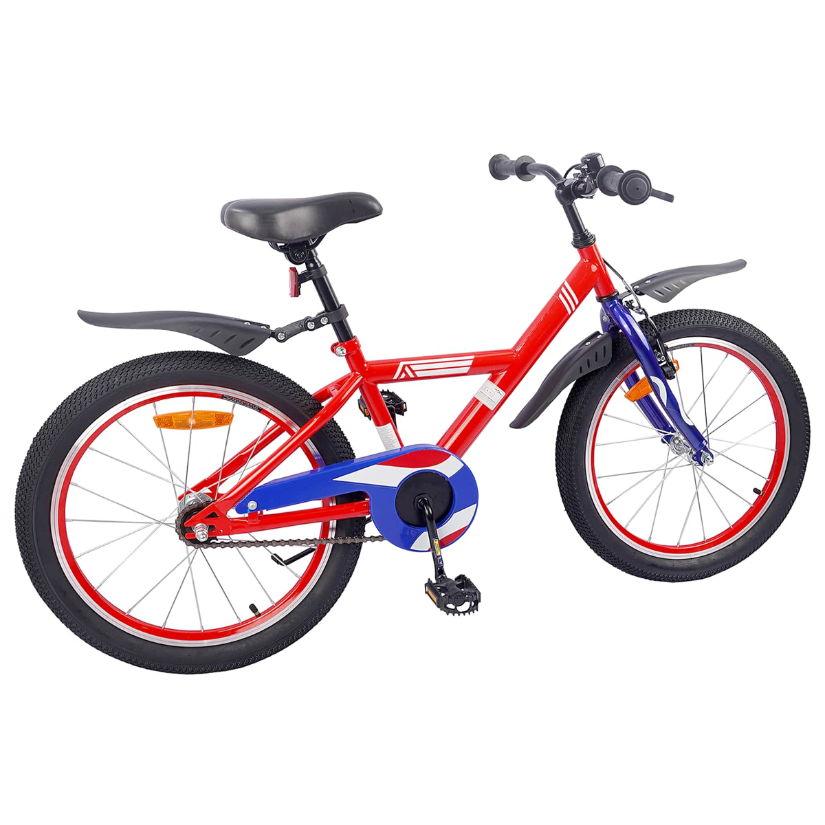 Rotes und blaues Kinderfahrrad mit schwarzem Sitz und Schutzblechen, weiße Streifen.
