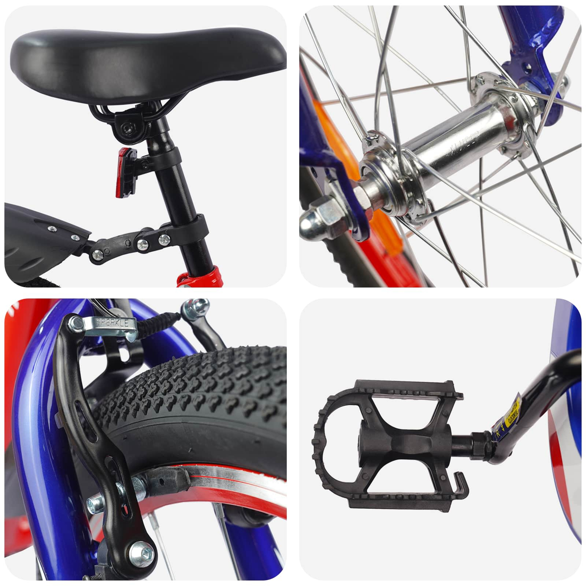 Collage von Fahrradteilen: Sattel, Radnabe, Bremse und Pedal.