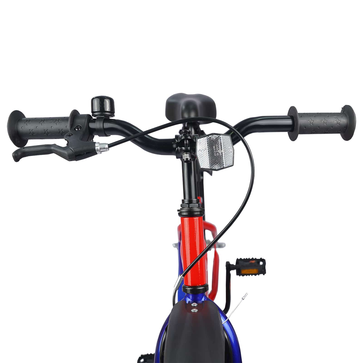 Vorderansicht eines Fahrrads mit Lenker, Sattel, Klingel und Reflektor.