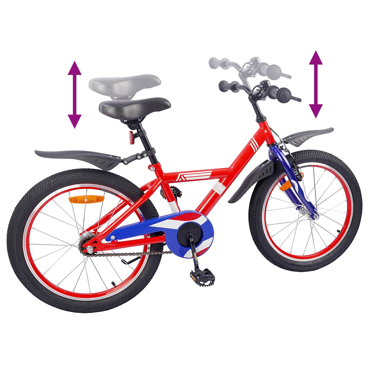 Rotes und blaues Kinderfahrrad mit verstellbarem Sattel und Lenker.