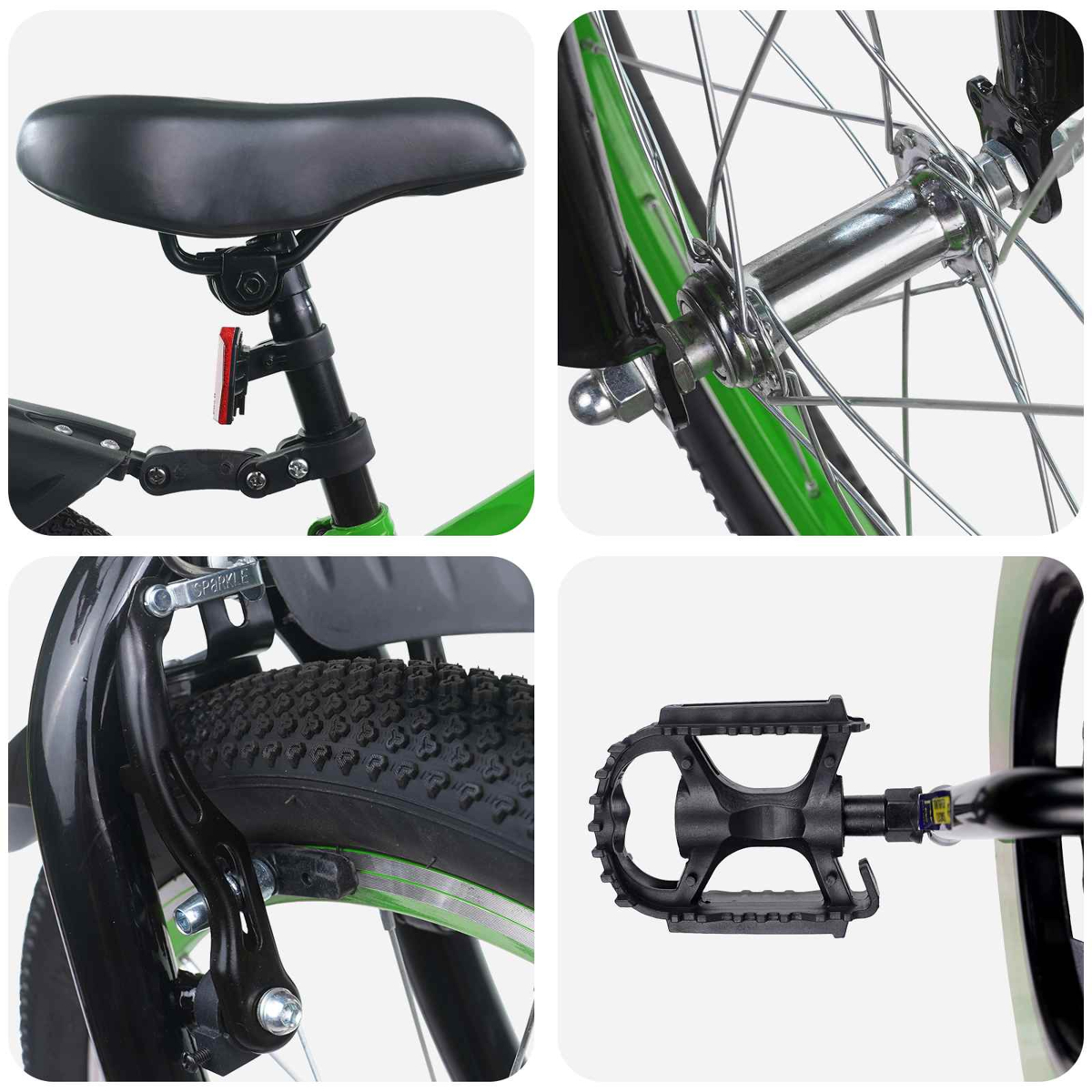 Nahaufnahme von Fahrradteilen: Sattel, Radnabe, Bremse und Pedal.