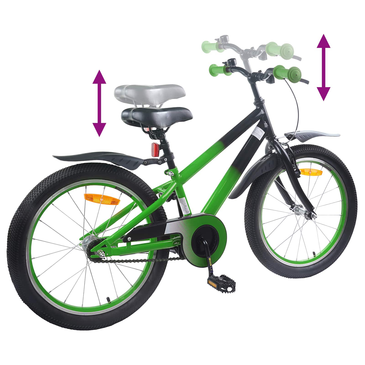 Grünes und schwarzes Fahrrad mit verstellbarem Sitz und Lenker.