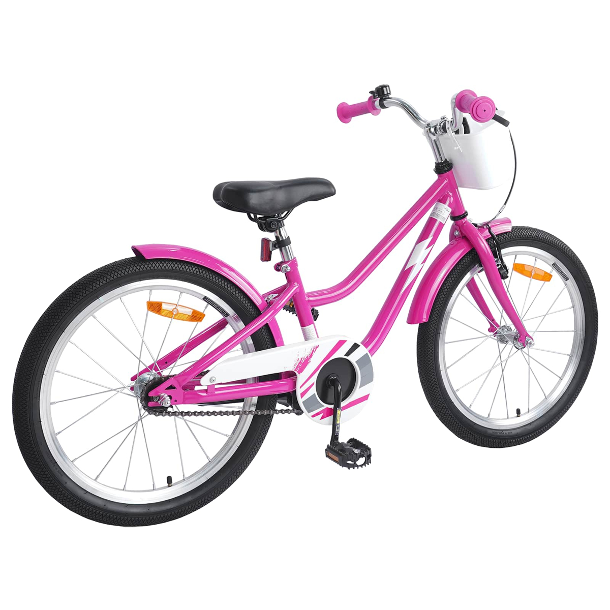 Ein pinkes Kinderfahrrad mit weißen Akzenten und einem Korb vorne.