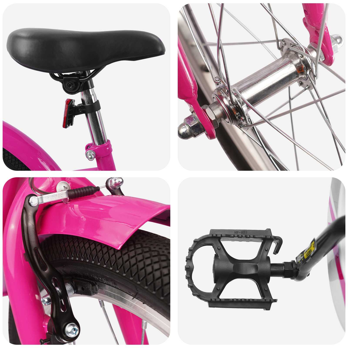 Details eines pinken Fahrrads: Sattel, Vorderradnabe, Bremse, Rad und Pedal.