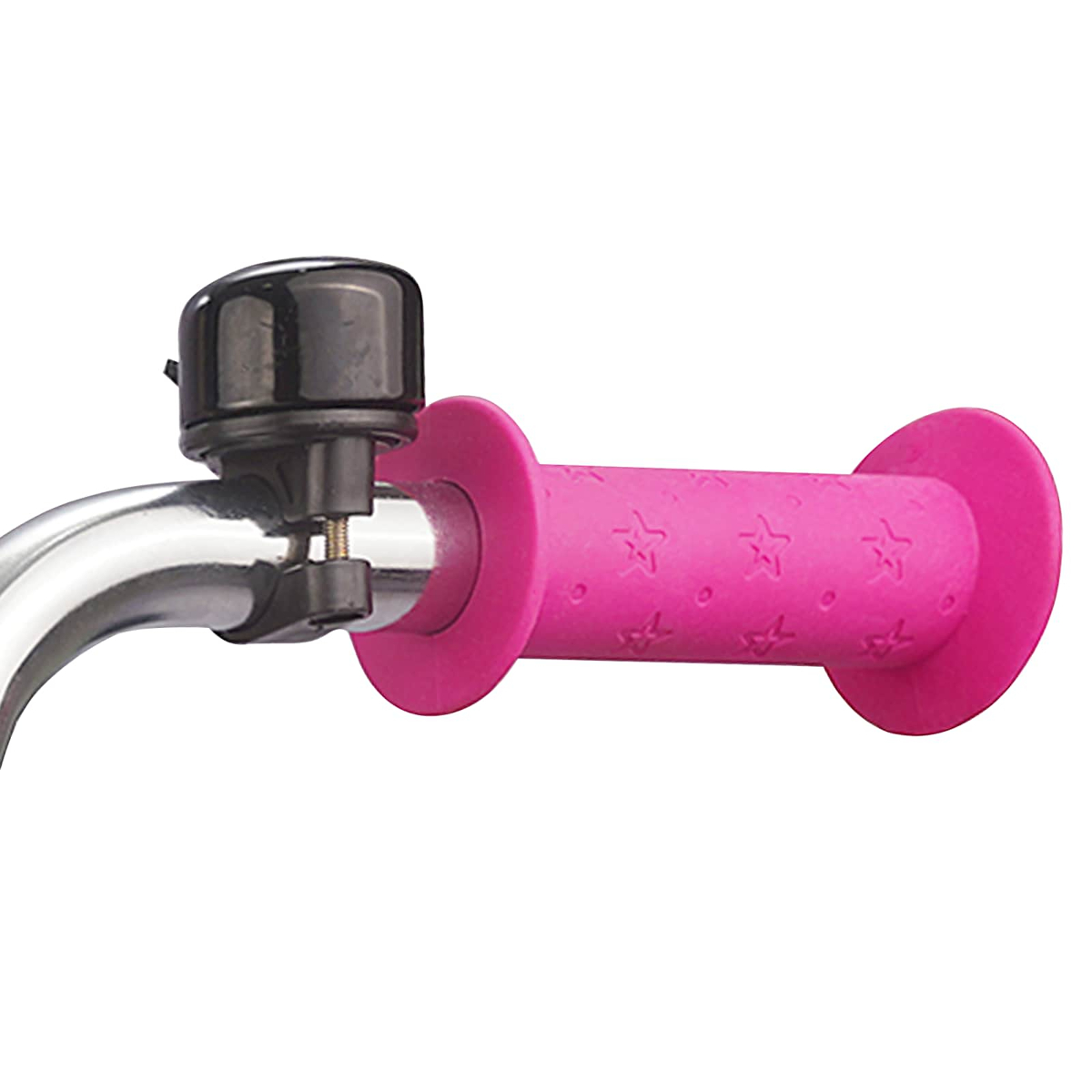 Ein schwarzer Fahrradglocke auf einem Chromlenker mit einem pinken Griff.