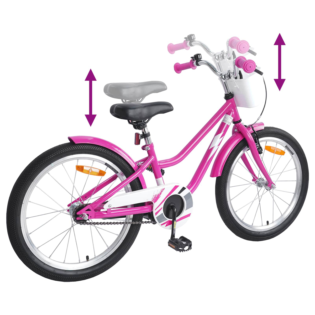 Ein pinkes Kinderfahrrad mit verstellbarem Sattel und Lenker.