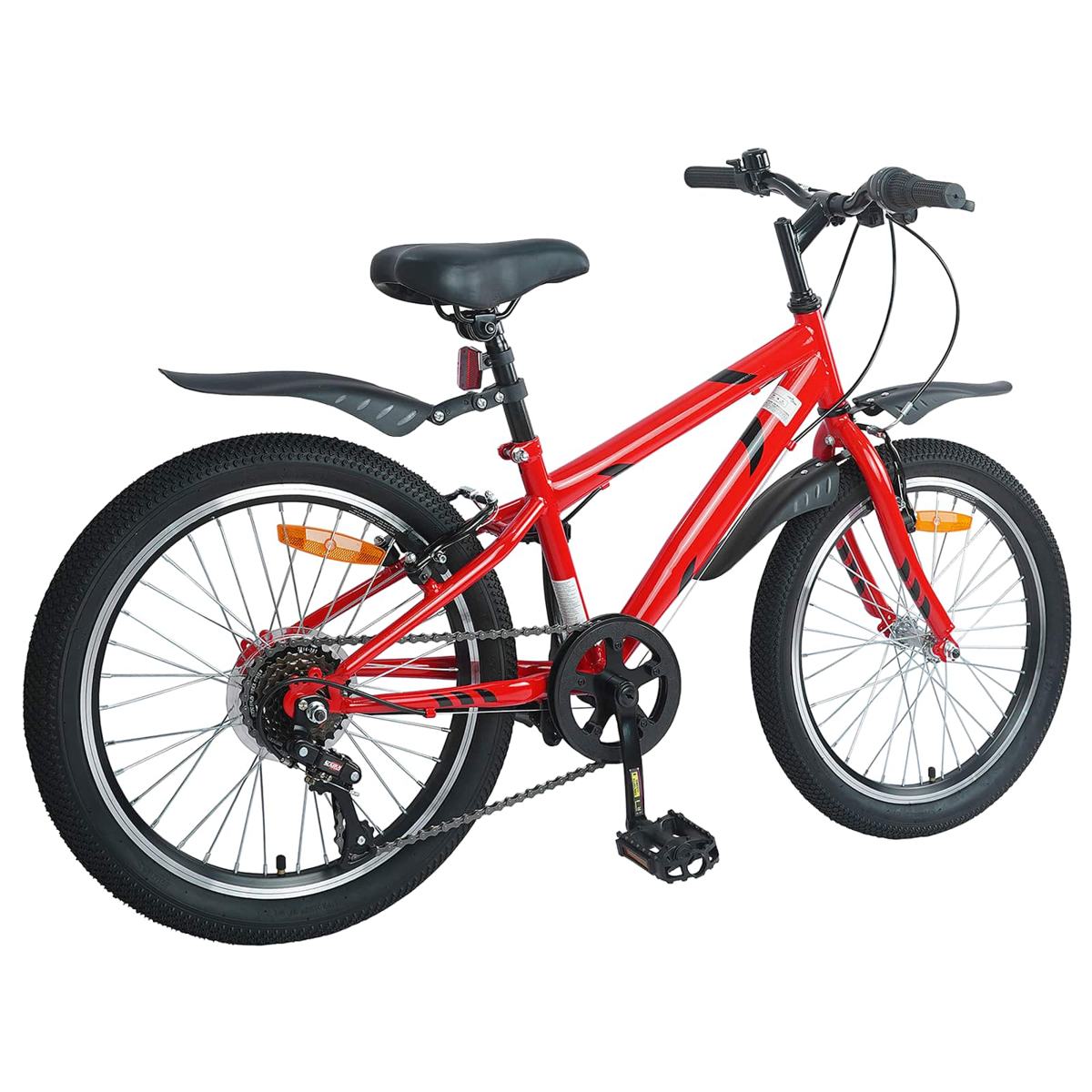 Ein rotes Kinderfahrrad mit schwarzen Schutzblechen und Reifen, weißer Hintergrund.