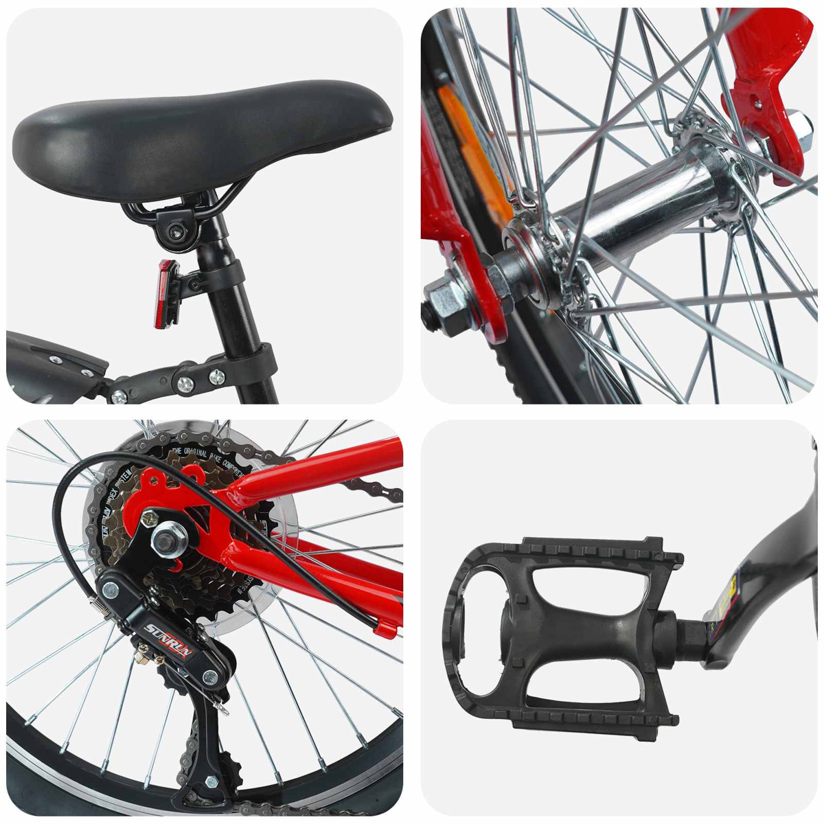 Detailansichten eines roten Fahrrads: Sattel, Radnabe, Schaltung, Pedal.