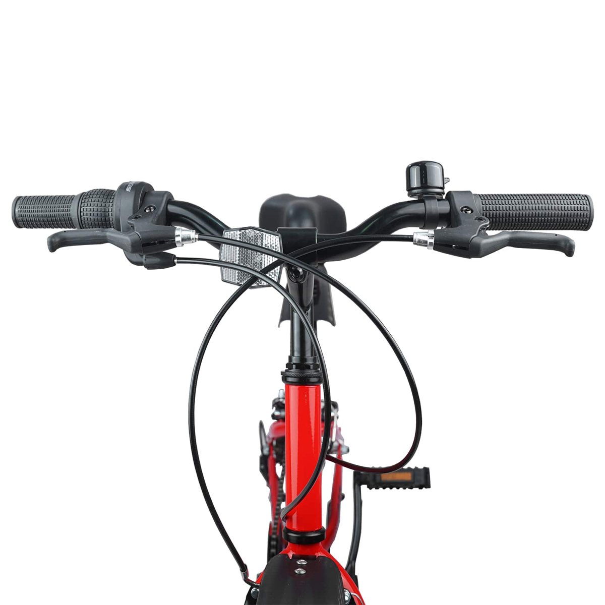 Vorderansicht eines roten Fahrradlenkers mit schwarzen Griffen, Klingel und Bremsen.