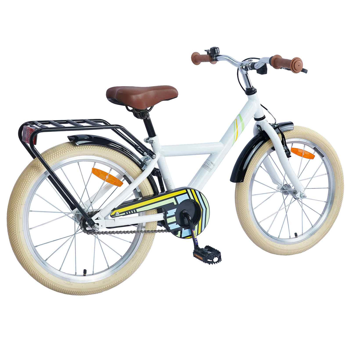 Weißes Fahrrad mit braunem Sattel und Griffen, schwarzem Gepäckträger, cremefarbenen Reifen.