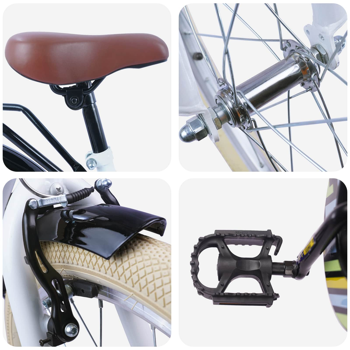 Nahaufnahme von Fahrradteilen: brauner Sattel, Radnabe, Bremse, Pedal.