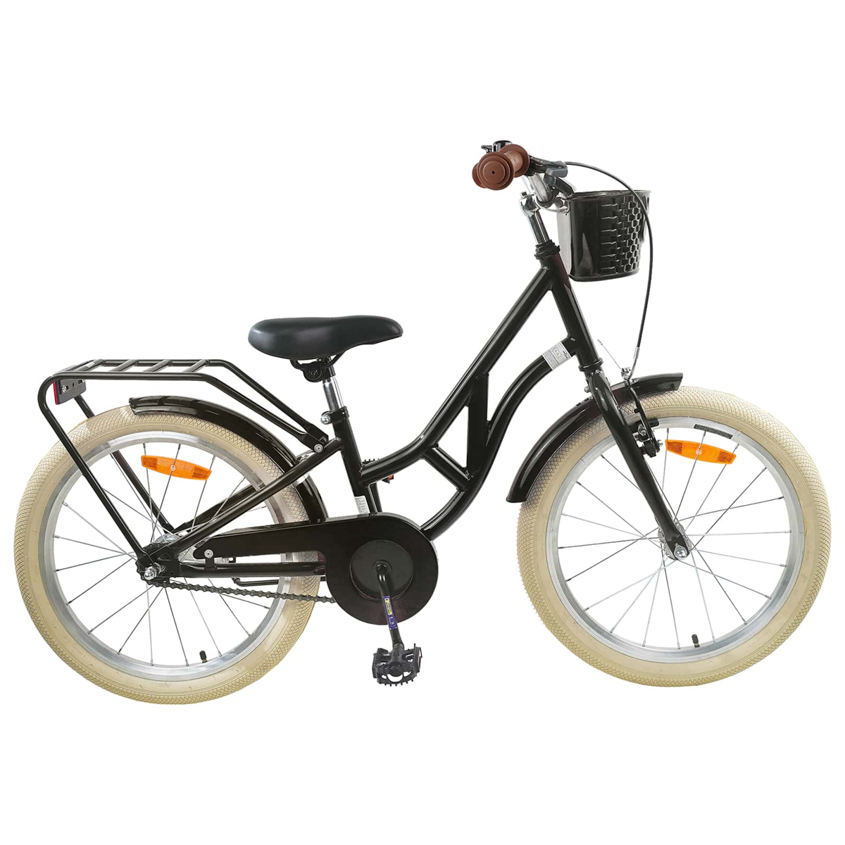 Schwarzes Kinderfahrrad mit beige'n Reifen, Korb und Gepäckträger.