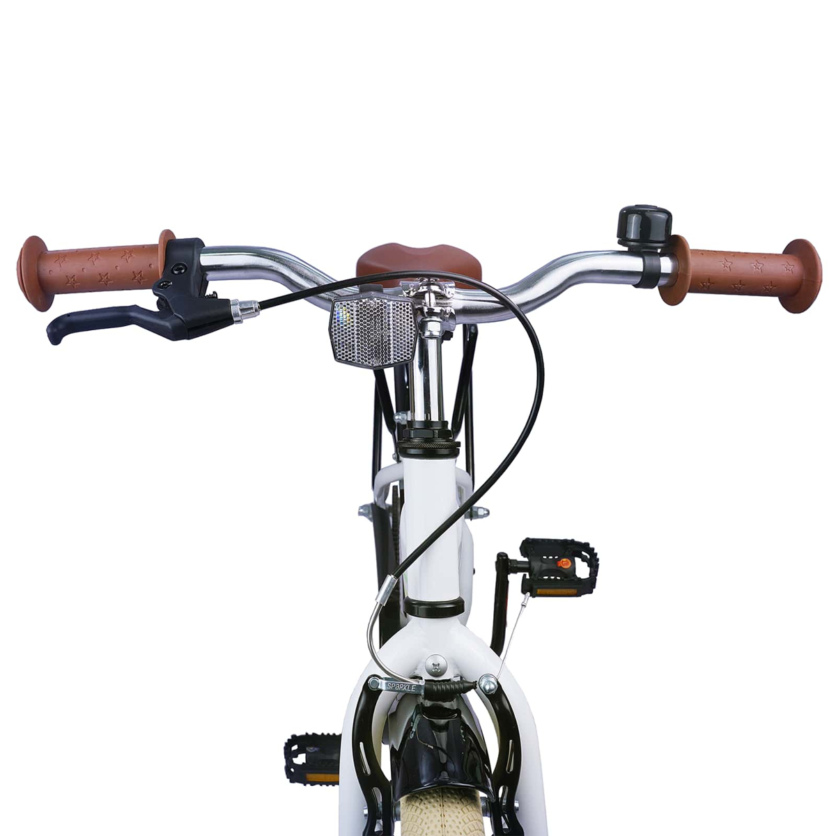Vorderansicht eines weißen Fahrrads mit braunen Griffen, braunem Sattel und Reflektor.