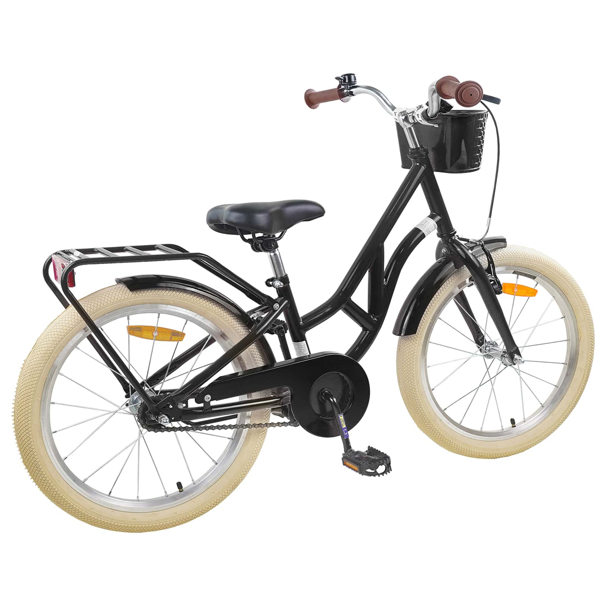 Schwarzes Kinderfahrrad mit beigem Reifen, Gepäckträger und Korb.