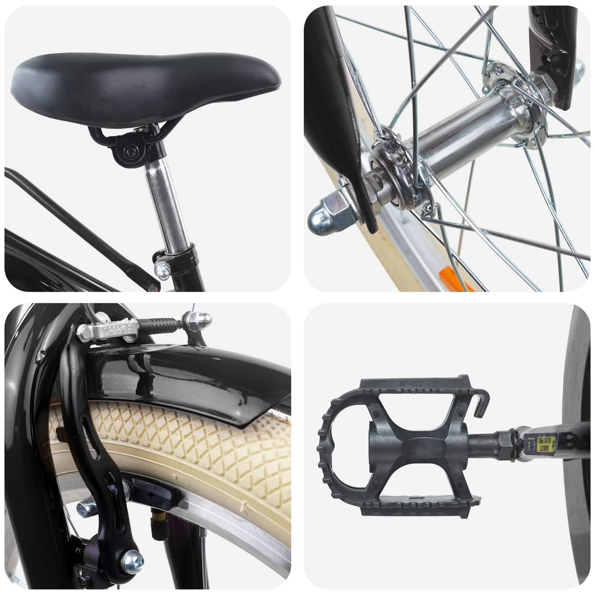 Collage aus Fahrradteilen: schwarzer Sattel, Vorderradnabe, Bremse und Reifen, schwarzes Pedal.