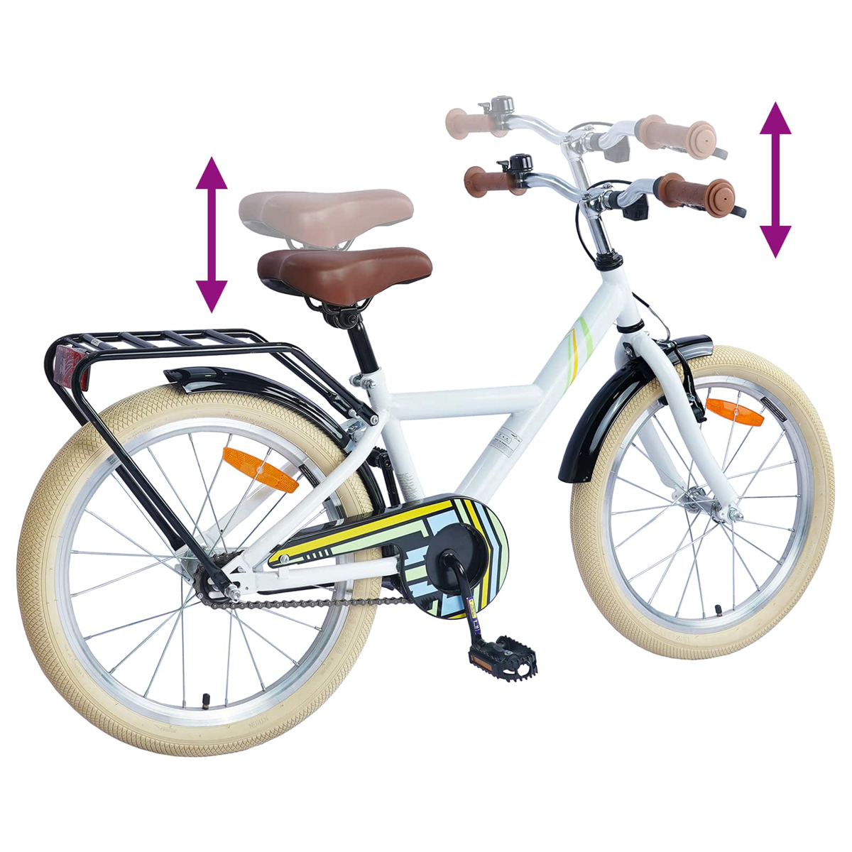Ein weißes Kinderfahrrad mit verstellbarem Sattel und Lenker.