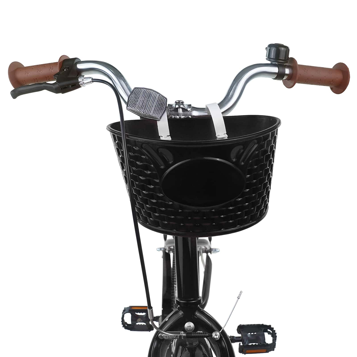 Vorderansicht eines schwarzen Fahrradkorbs mit braunen Griffen und Klingel.