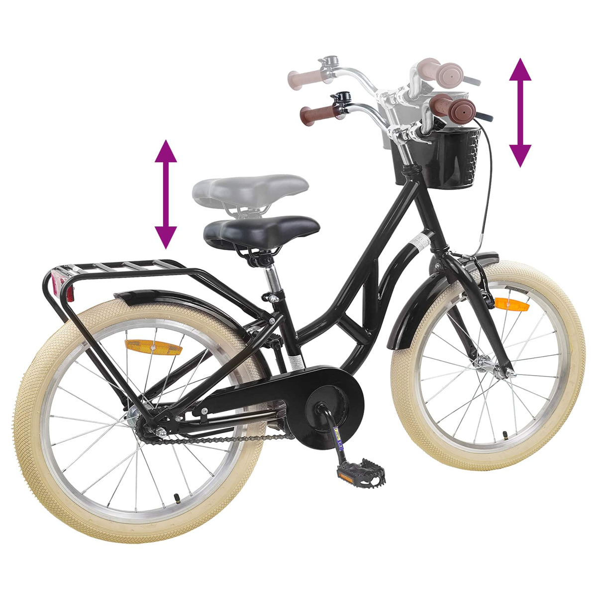 Schwarzes Fahrrad mit beigefarbenen Reifen, Korb und Gepäckträger. Verstellbare Sitzhöhe.