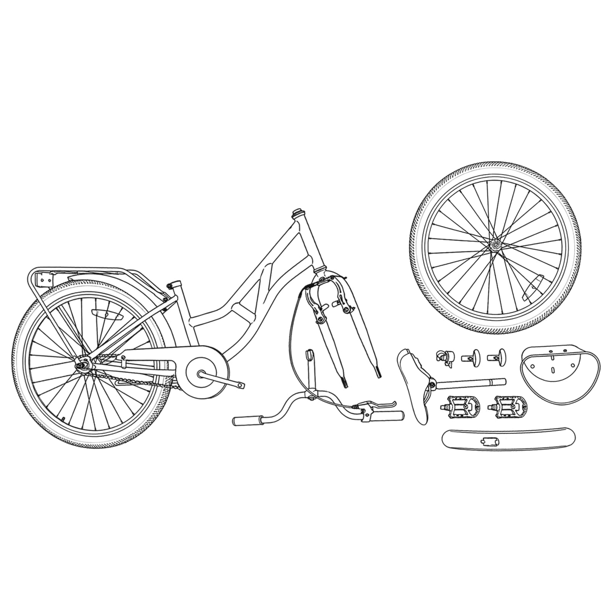 Zerlegte Fahrräder: Rahmen, Räder, Sattel, Lenker, Pedale.