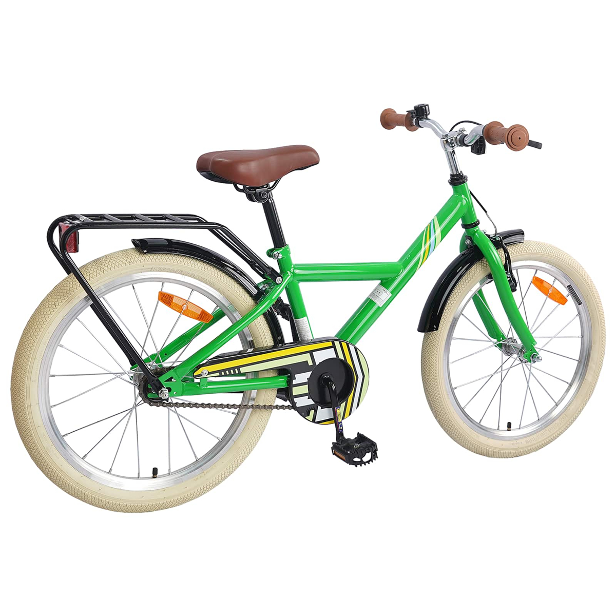 Grünes Kinderfahrrad mit braunem Sattel, Gepäckträger und cremefarbenen Reifen.