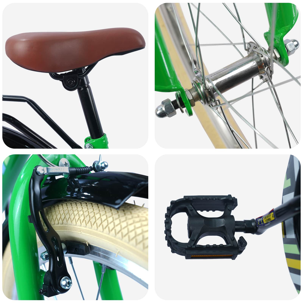 Nahaufnahmen eines grünen Fahrrads: Sattel, Vorderradnabe, Bremse und Pedal.