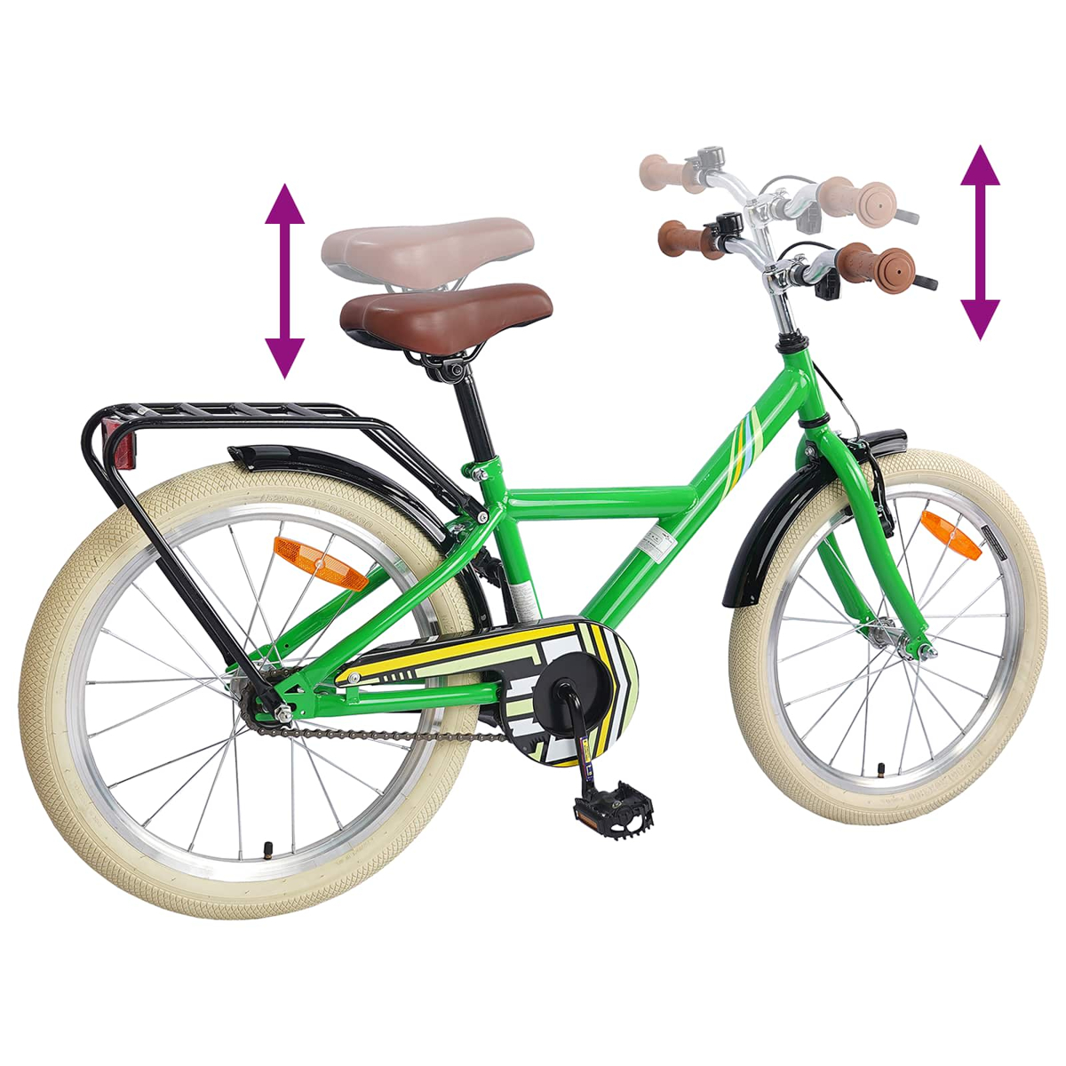 Grünes Fahrrad mit verstellbarem Sattel und Lenker, weißen Reifen und Gepäckträger.