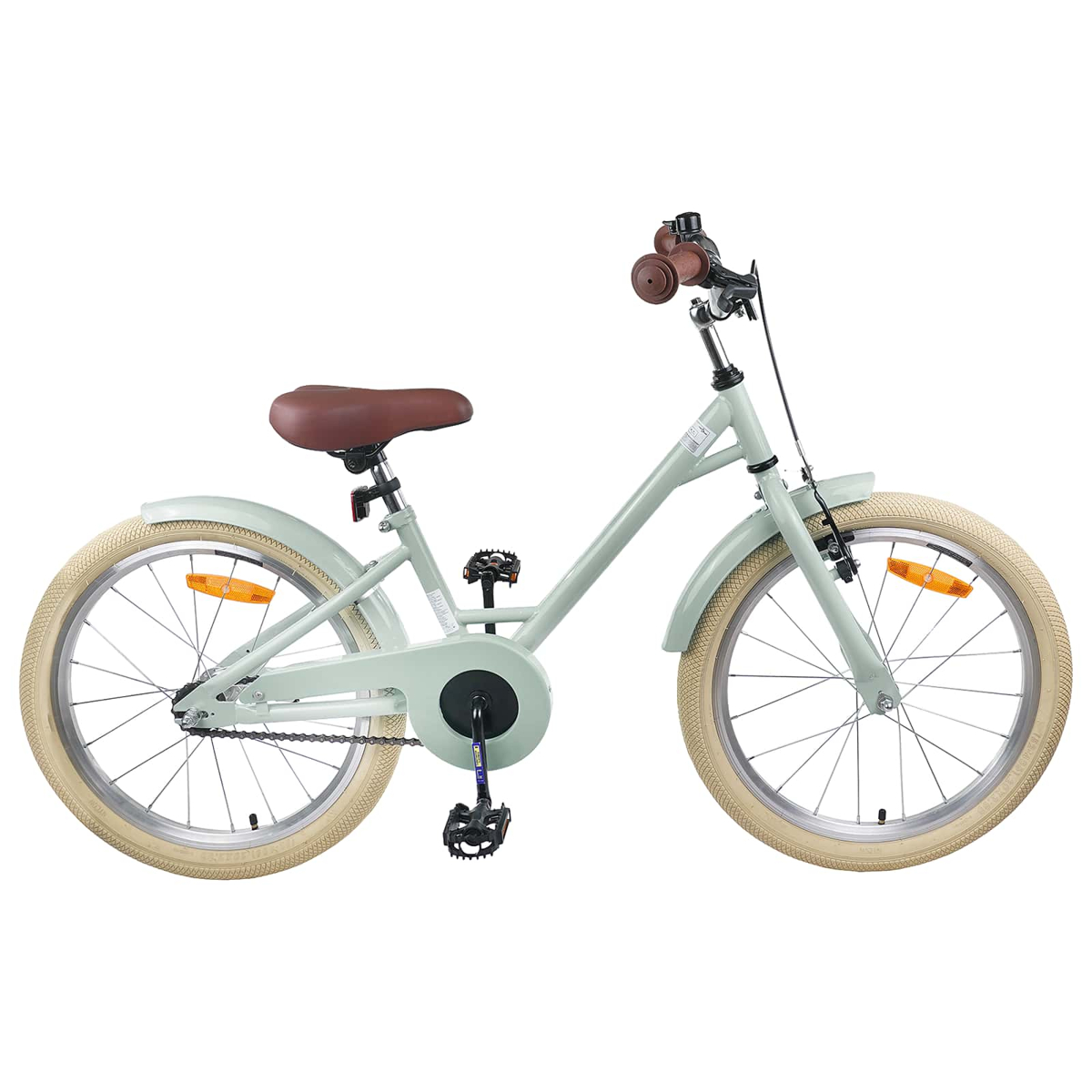 Ein hellgrünes Fahrrad mit braunem Sattel und Griffen auf weißem Hintergrund.