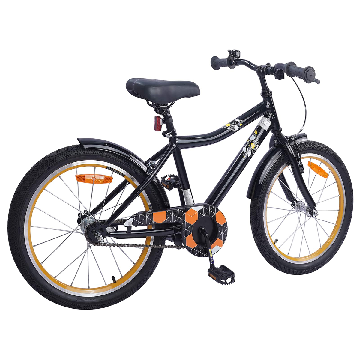 Schwarzes Kinderfahrrad mit orangen Akzenten an Rädern und Kettenschutz.