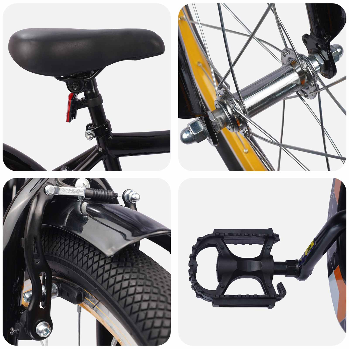 Nahaufnahme eines Fahrrads mit Sitz, Radnabe, Bremse und Pedal.