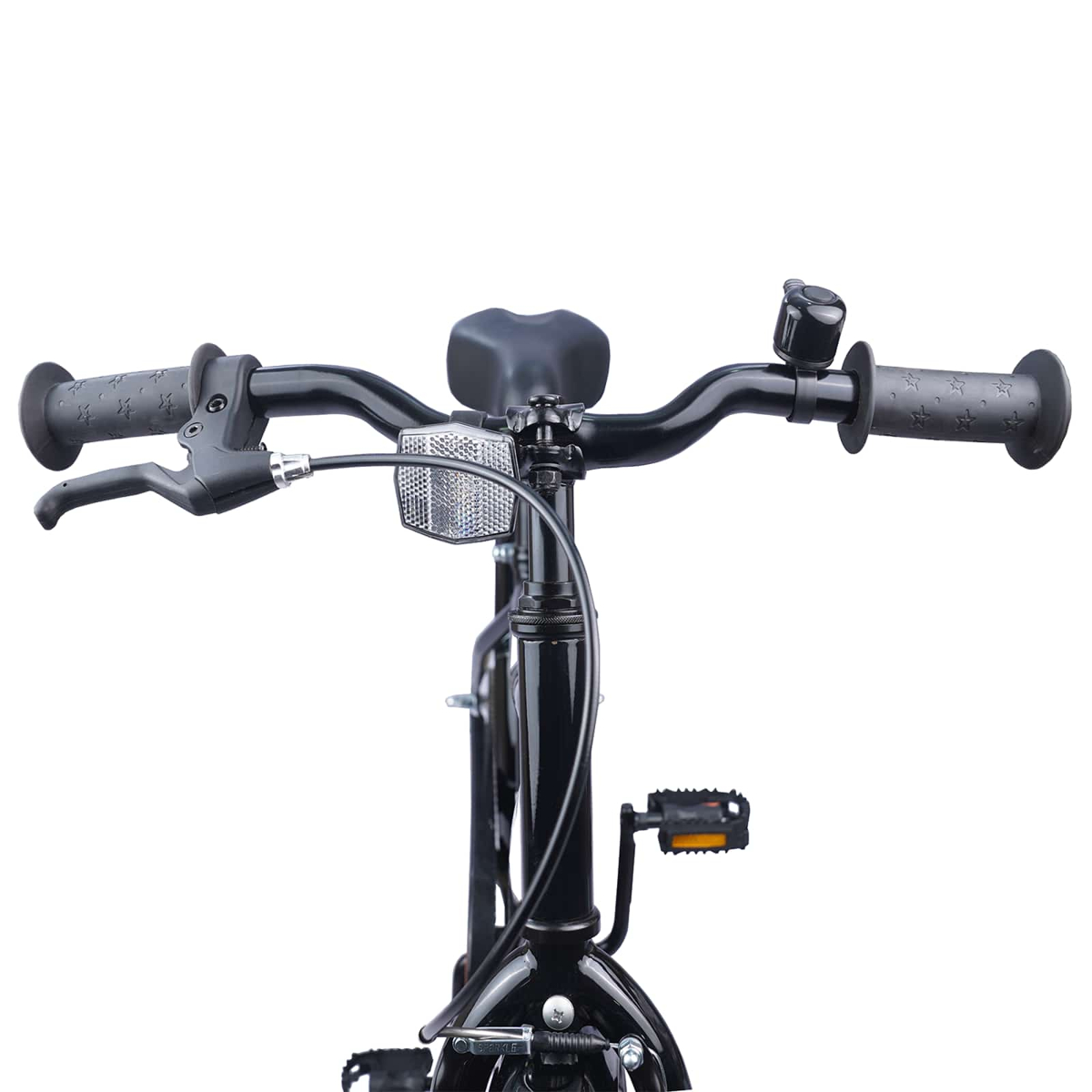 Vorderansicht eines schwarzen Fahrrads mit Lenker, Bremsen, Klingel und Pedal.