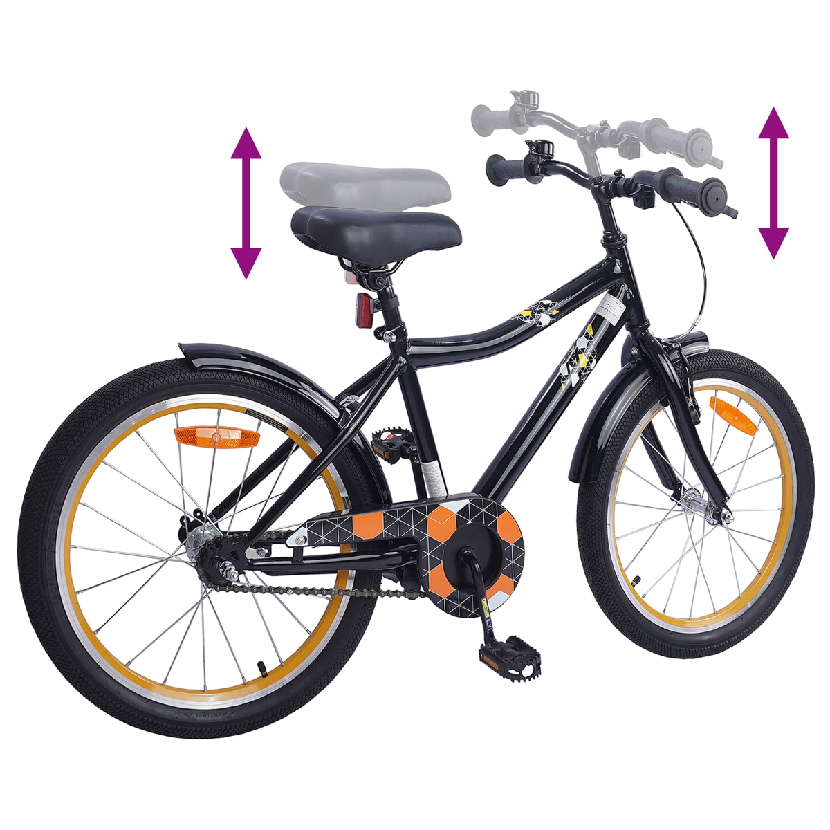 Schwarzes Kinderfahrrad mit orangefarbenen Felgen und verstellbarem Sattel/Lenker.