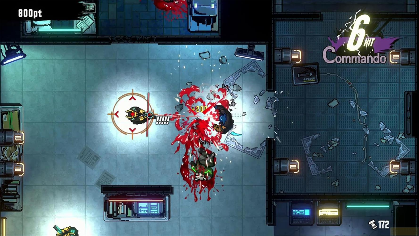 Pixel-Actionspiel: Ein Charakter schießt, Blut spritzt. Trefferanzeige: 6 Hit Commando.