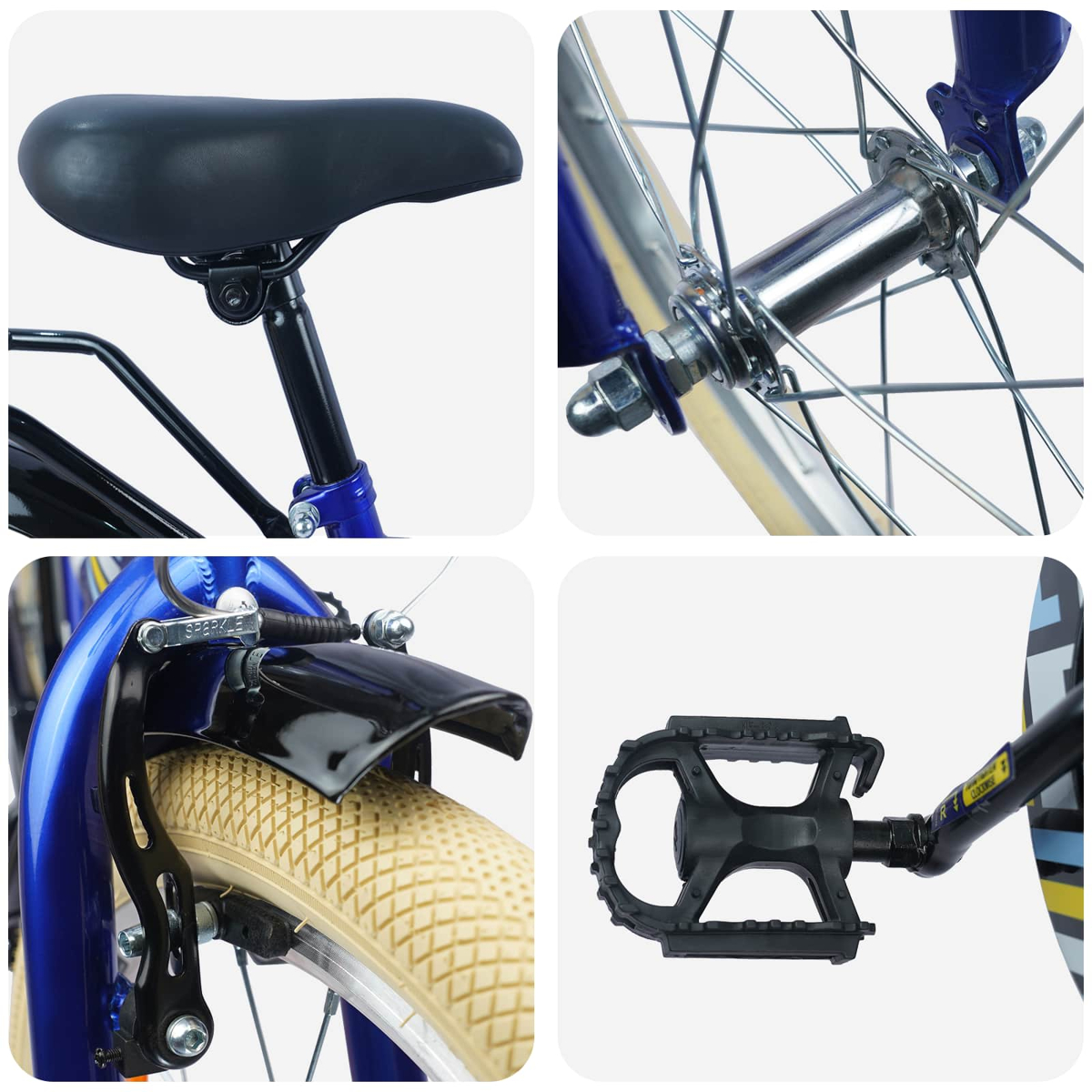 Nahaufnahme eines blauen Fahrrads mit Sitz, Radnabe, Bremse und Pedal.