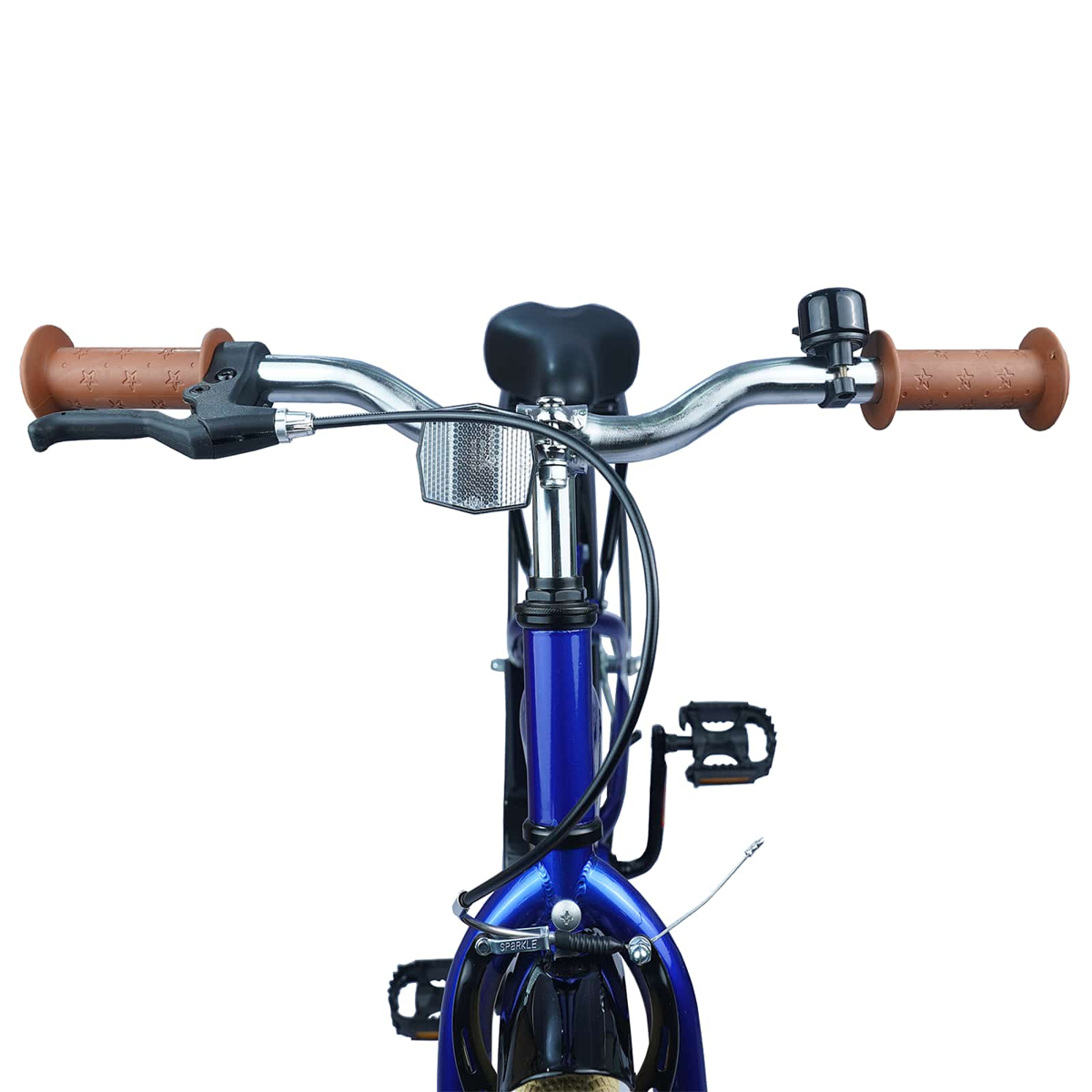 Vorderansicht eines blauen Fahrrads mit braunen Griffen und einer Glocke.