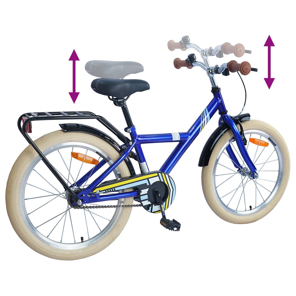 Blaues Kinderfahrrad mit verstellbarem Sattel und Lenker, mit Gepäckträger.