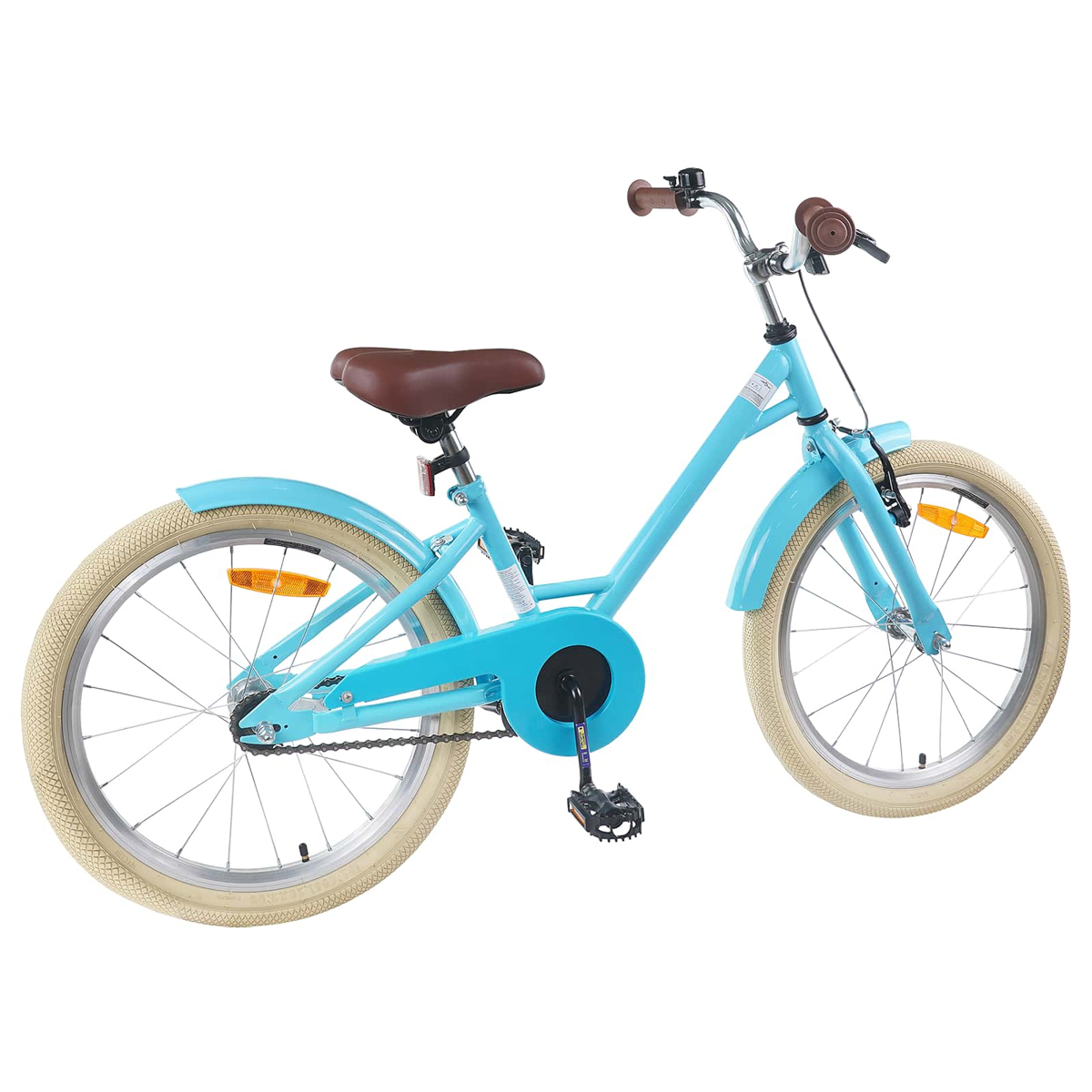 Ein türkisfarbenes Fahrrad mit braunen Griffen und Sitz, beigen Reifen und silbernen Speichen.
