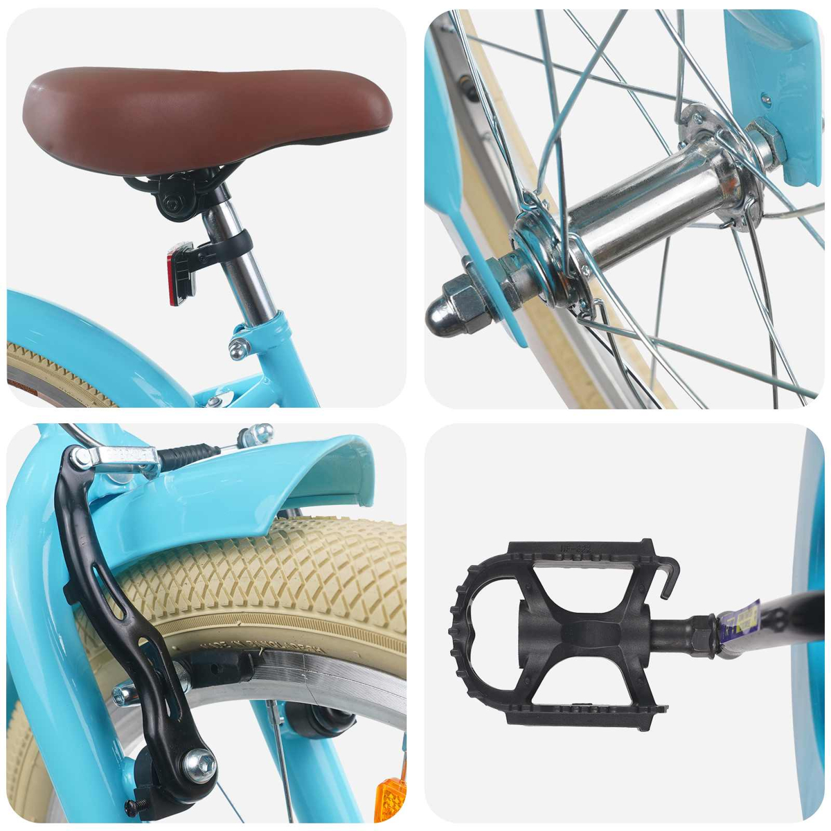 Collage von Fahrradteilen: Sattel, Radnabe, Bremse und Pedal.