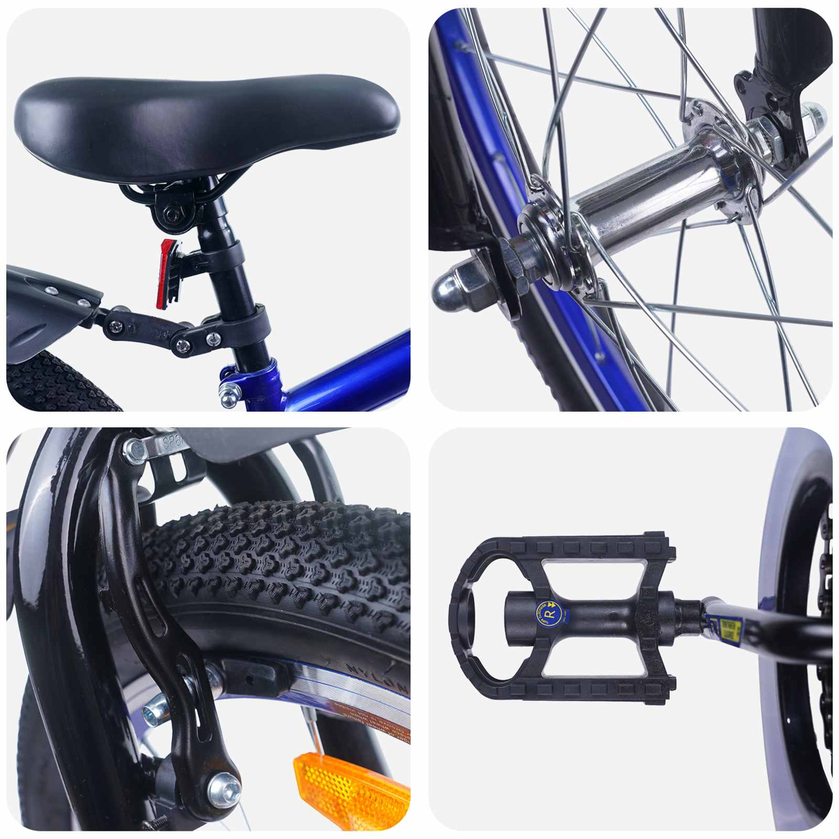Nahaufnahmen eines blauen Fahrrads: Sattel, Radnabe, Bremse und Pedal.