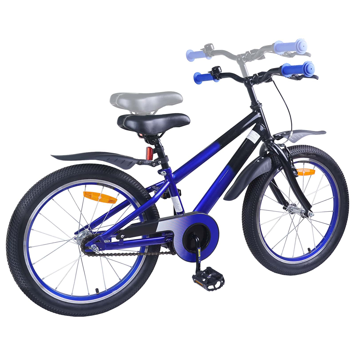 Ein blau-schwarzes Fahrrad mit blauen Lenkern und Sitz, auf weißem Hintergrund.