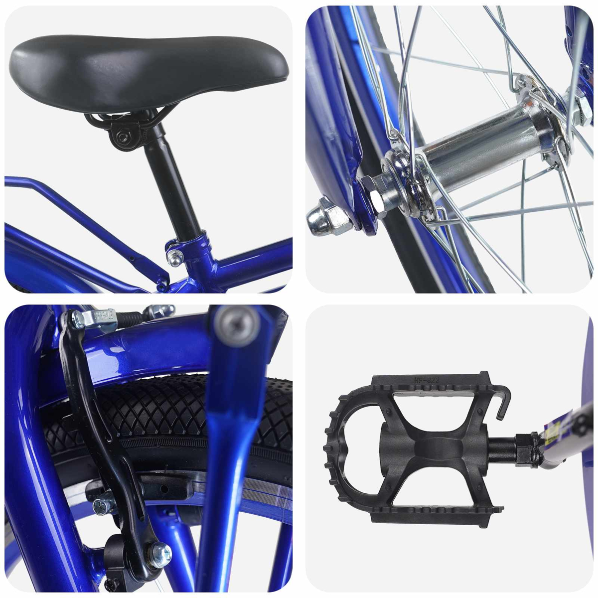Collage von Fahrradteilen: Sitz, Radnabe, Bremse und Pedal.